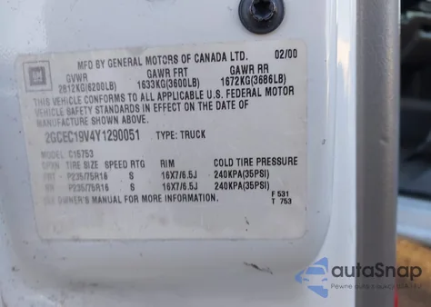 2000 Chevrolet Silverado 1500 Ls from USA, damaged, VIN 2GCEC19V4Y1290051